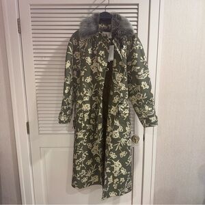 Green Floral Trench Coat with Fur Collar
